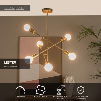 Lucide LESTER - Plafonnière - 6xE27 - Mat Goud / Messing
